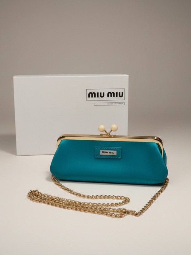 Miu Miu Teal Kiss-Lock Clutch With Gold Chain